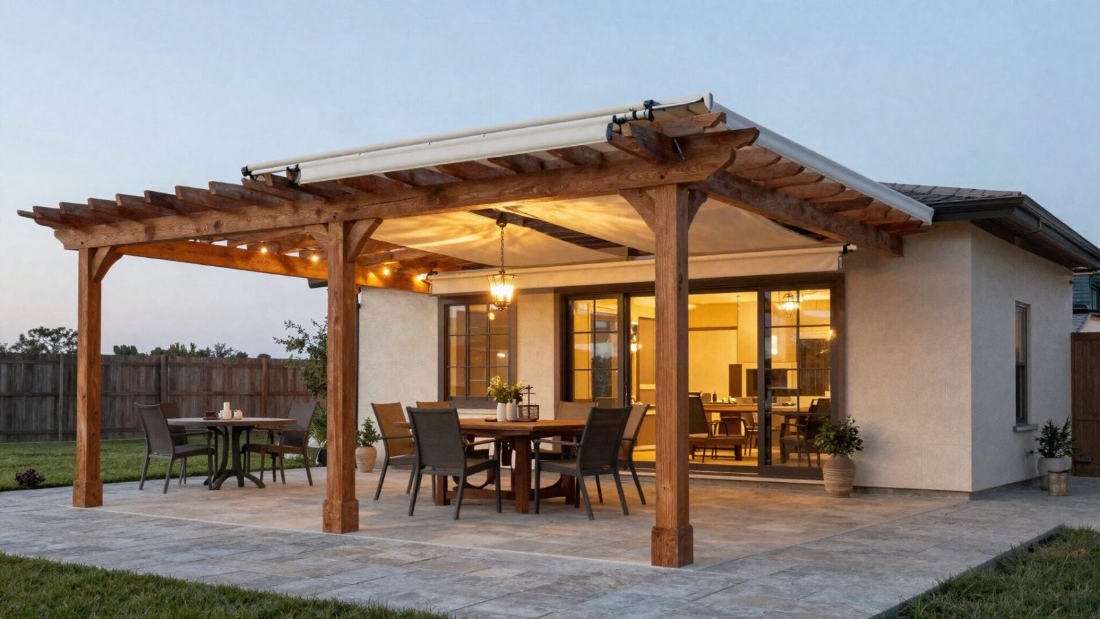 Custom cedar wood pergola with a retractable shade canopy built over a stone outdoor dining patio.