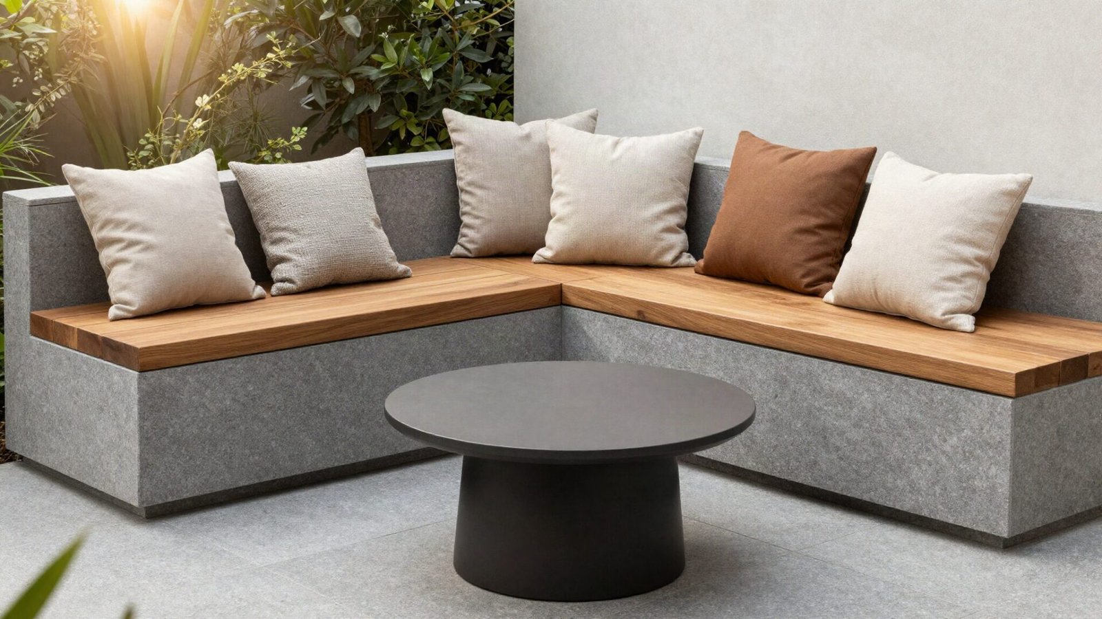 Built-in corner patio bench made of stone and teak wood with outdoor decorative pillows.