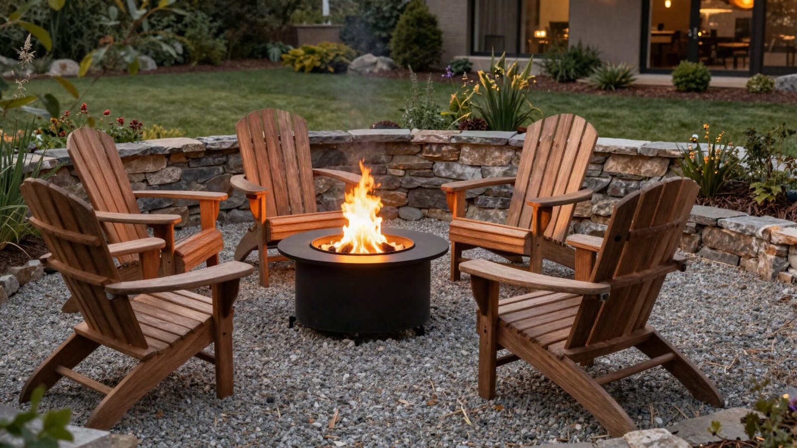 Circular pea gravel fire pit lounge featuring black steel fire bowl and wooden Adirondack chairs at dusk.