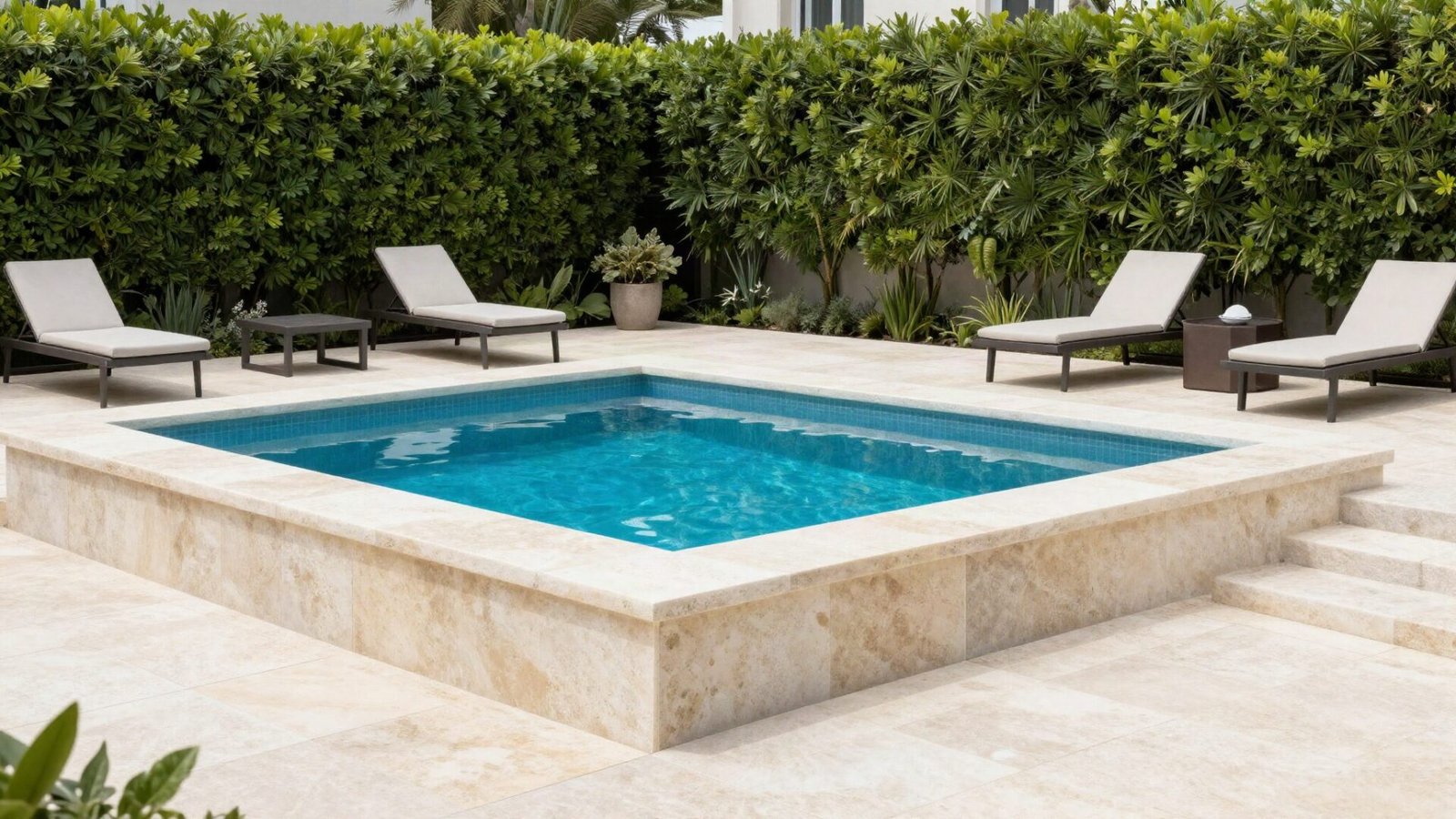 Small rectangular plunge pool surrounded by ivory travertine stone coping and paver patio deck.