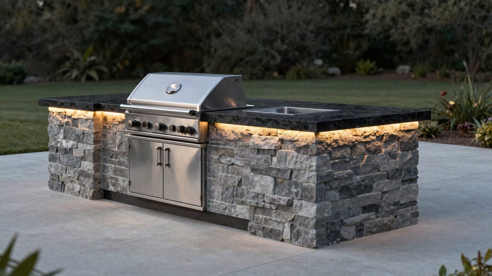 Modern outdoor kitchen island with granite countertop and built-in stainless steel grill on a concrete patio