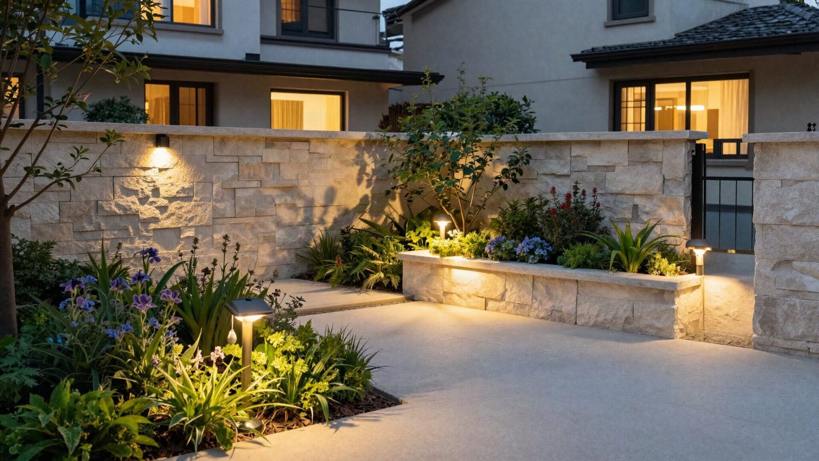 Warm layered low-voltage exterior patio lighting illuminating stone wall sconces and garden path