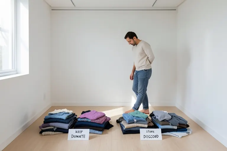 A bedroom closet with a double‑hang rod installed, showing shirts on the upper rod and pants on the lower rod.