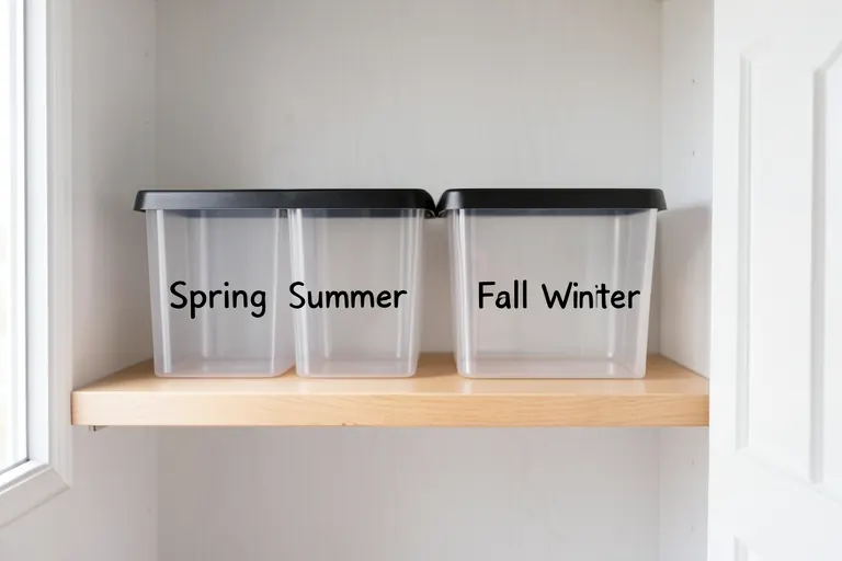 Fabric baskets labeled ‘Belts’, ‘Scarves’, and ‘Jewelry’ on a closet shelf.