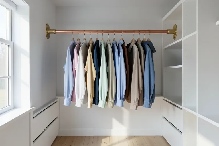 A walk‑in closet with a low island bench on one side and hanging rods on the opposite wall.