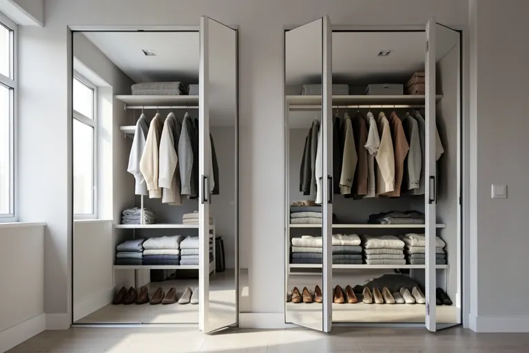 A smartphone displaying a closet inventory app next to an organized closet.