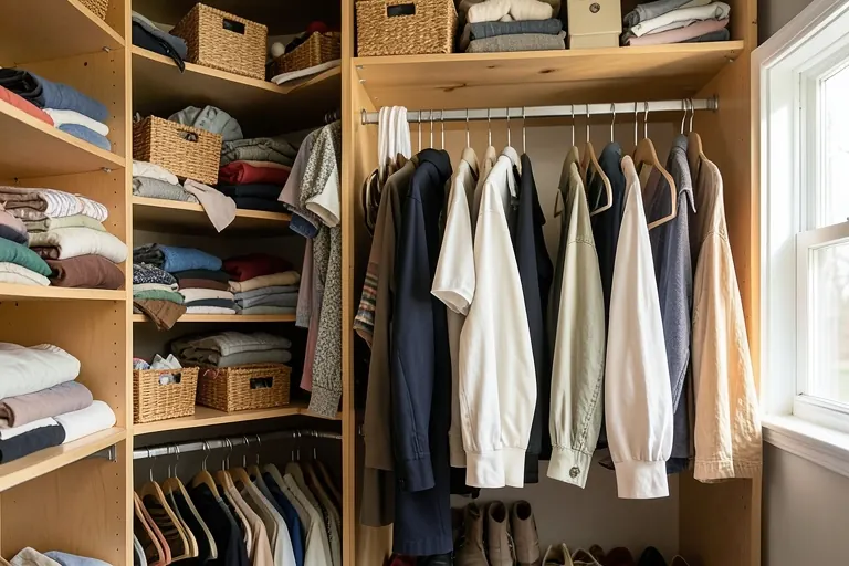 A cluttered closet with overfilled bins and items spilling onto the floor, illustrating common mistakes.