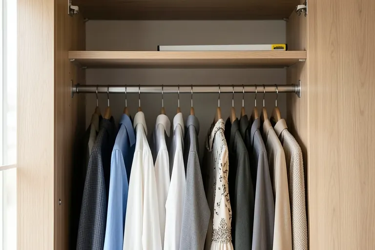 A closet rod lined with slim velvet hangers holding a variety of shirts and dresses.