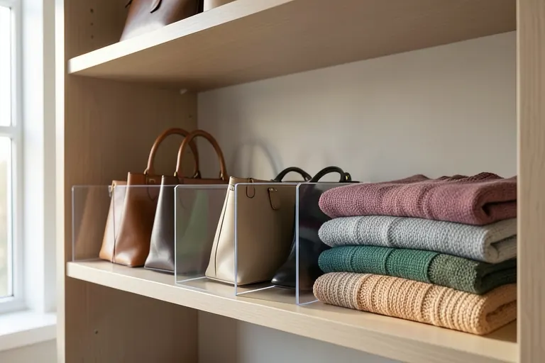 A closet with pull‑out acrylic bins on a low shelf, displaying scarves and hats inside.