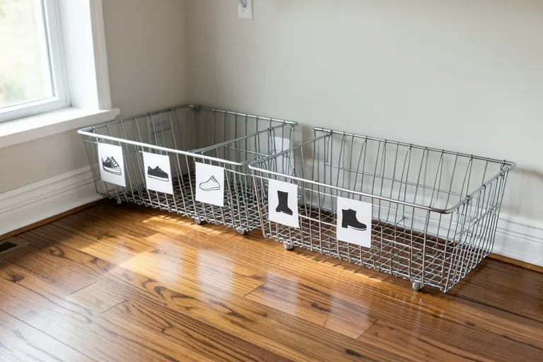 Shelves with clear acrylic dividers separating handbags, folded sweaters, and shoes.