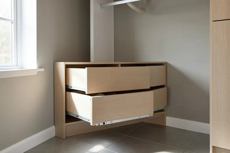 Open wooden shelves holding neatly folded sweaters in a closet.