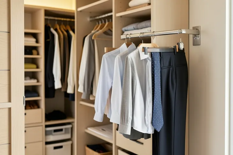 A modular closet system with interchangeable panels, rods, and drawers being reconfigured.