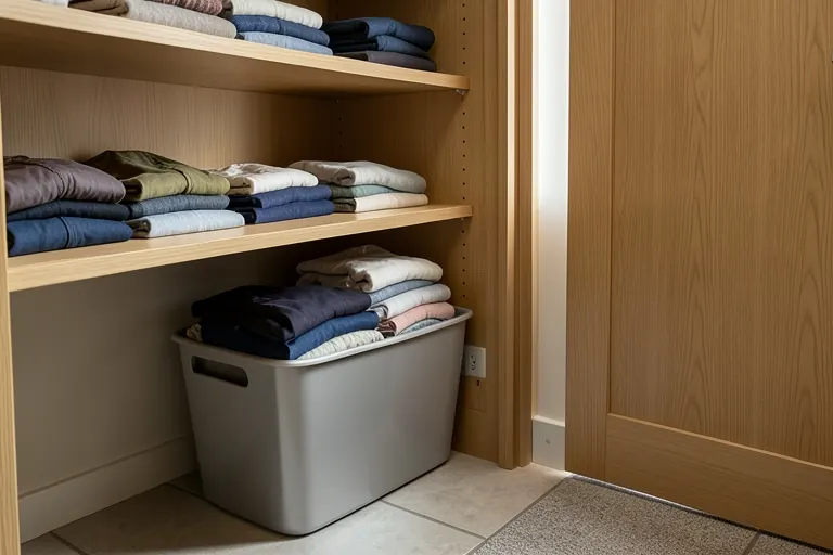 A closet with glass‑paneled doors revealing organized hanging rods and shelves.