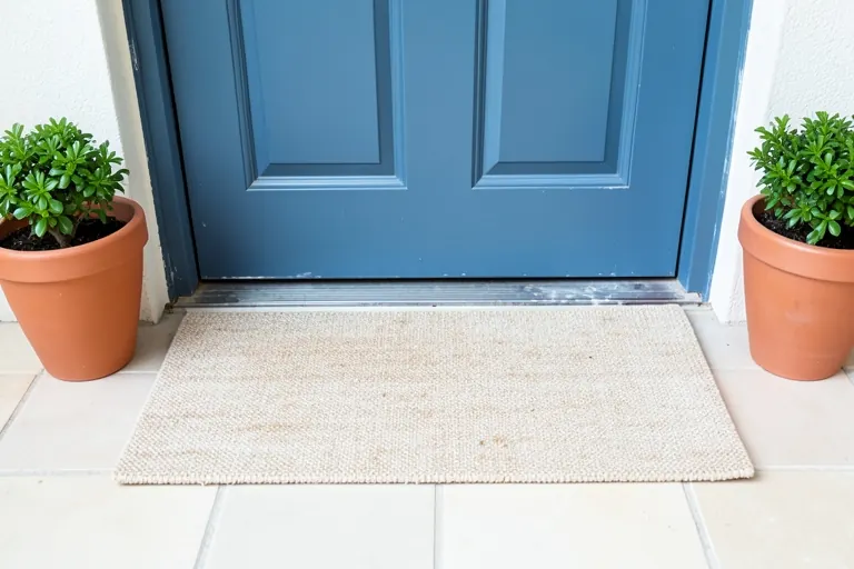 Wide neutral doormat at a painted front door