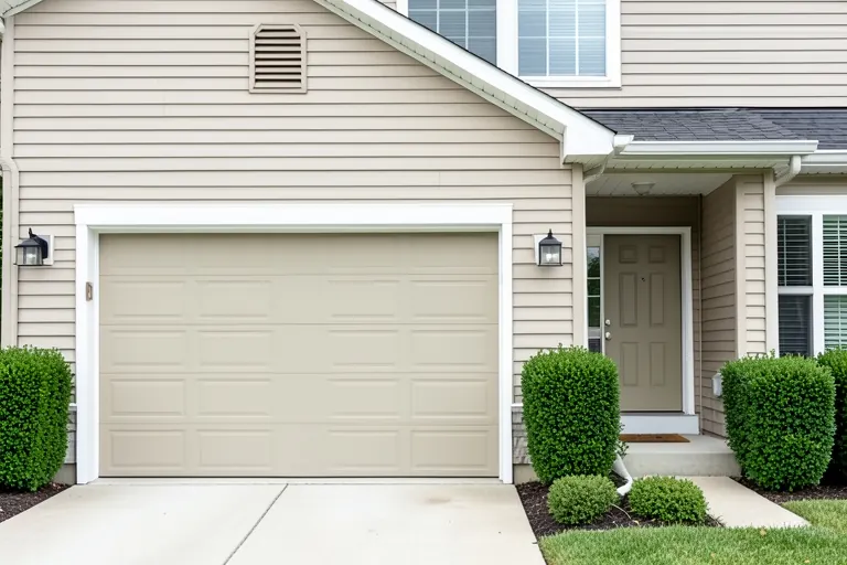 Garage door coordinated with the home's exterior and landscaping