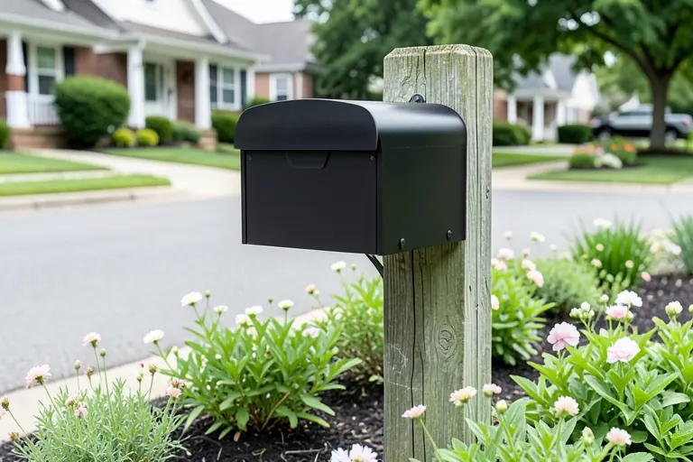 Simple curbside mailbox surrounded by tidy planting
