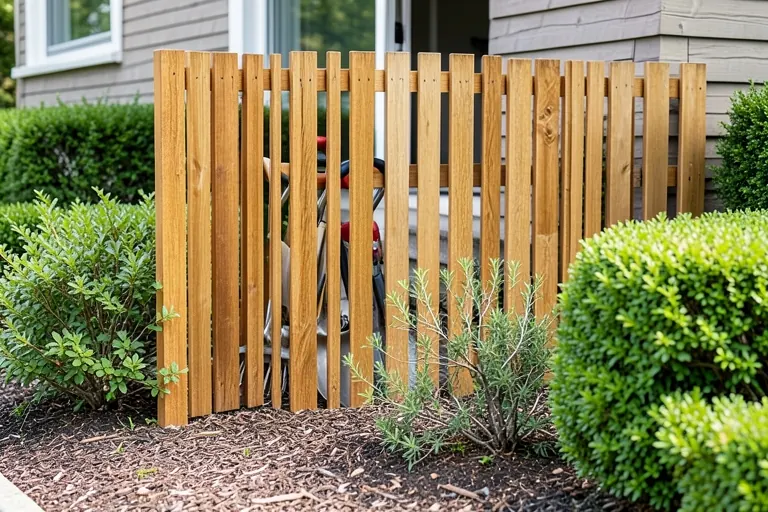 Discreet wood screen organizing outdoor household items