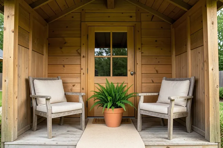 Small front porch seating arrangement with a clear entry path