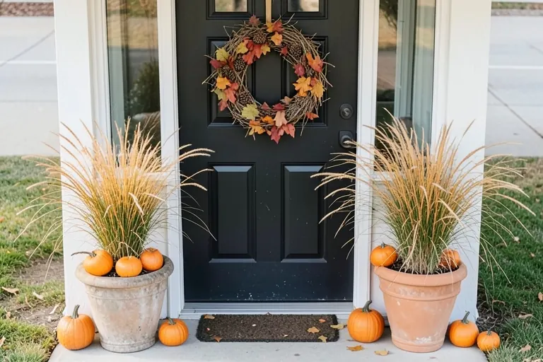 Understated autumn decor at a front entry