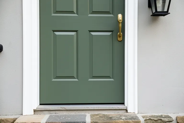 Forest green front door with brass hardware and white trim