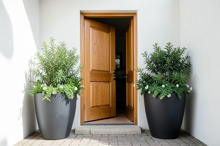 Layered planters framing a natural wood front door