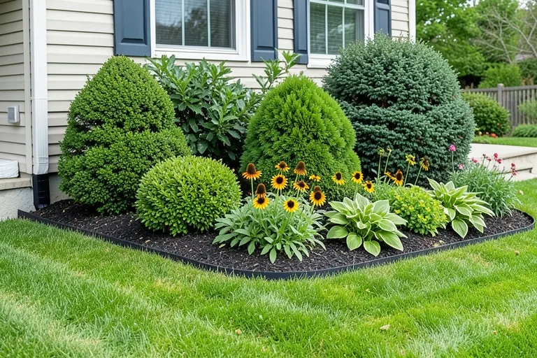 Defined front planting bed with layered shrubs and perennials