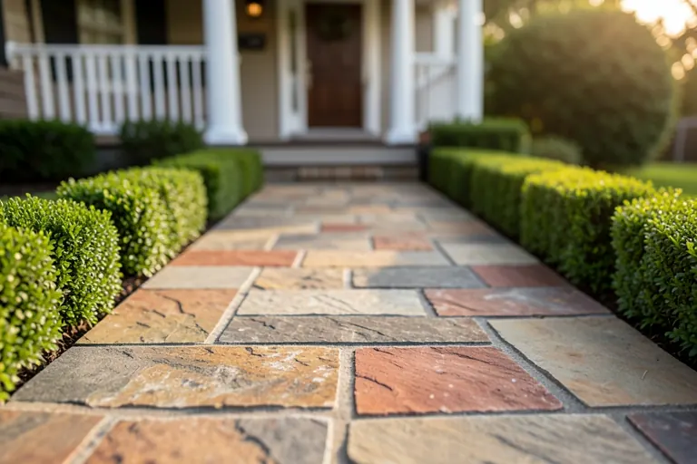 Clear stone walkway leading through tidy front landscaping