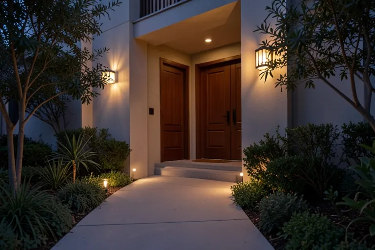 Front entry and walkway illuminated with restrained exterior lighting