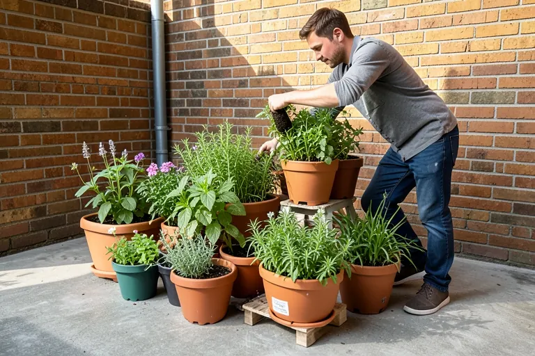 Renter arranging a portable container garden on a small patio