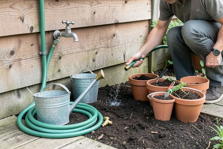 Homeowner watering grouped containers at soil level