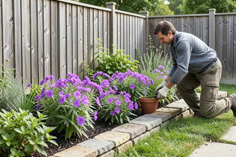 Gardener repeating one flower through a border and containers