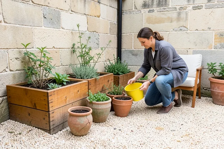 Resident editing materials in a cohesive small courtyard garden