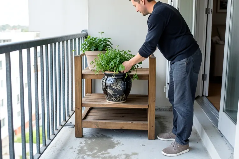 Renter placing a heavy pot low on a balcony plant shelf