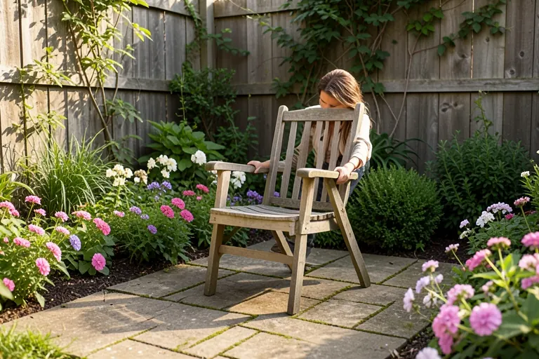 Homeowner positioning one chair in a shaded garden corner