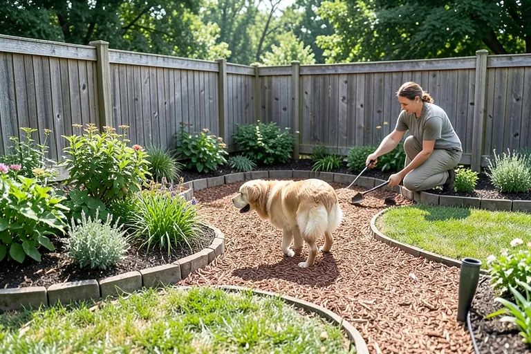Dog using a preserved path around sturdy garden beds