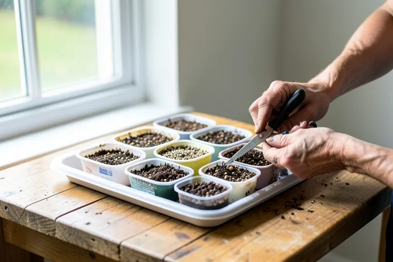 Gardener tending seedlings in a low-cost propagation corner