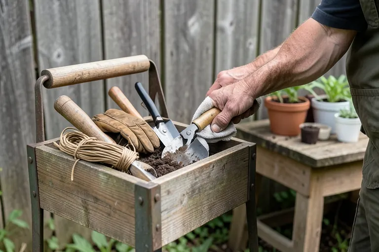 Gardener cleaning hand pruners beside a compact tool caddy