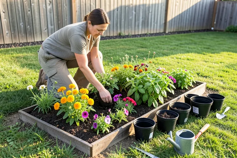 Homeowner correcting crowded spacing in a beginner garden bed