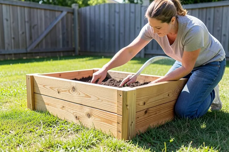 Homeowner testing reach across a compact raised garden bed