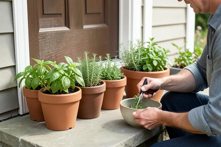 Homeowner harvesting from a container herb garden near the kitchen