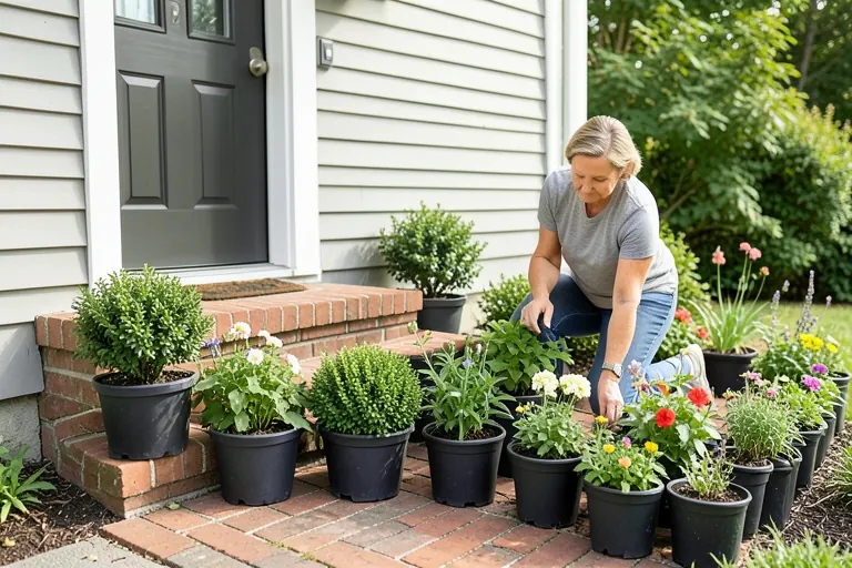 Matching plants being arranged beside a front walkway