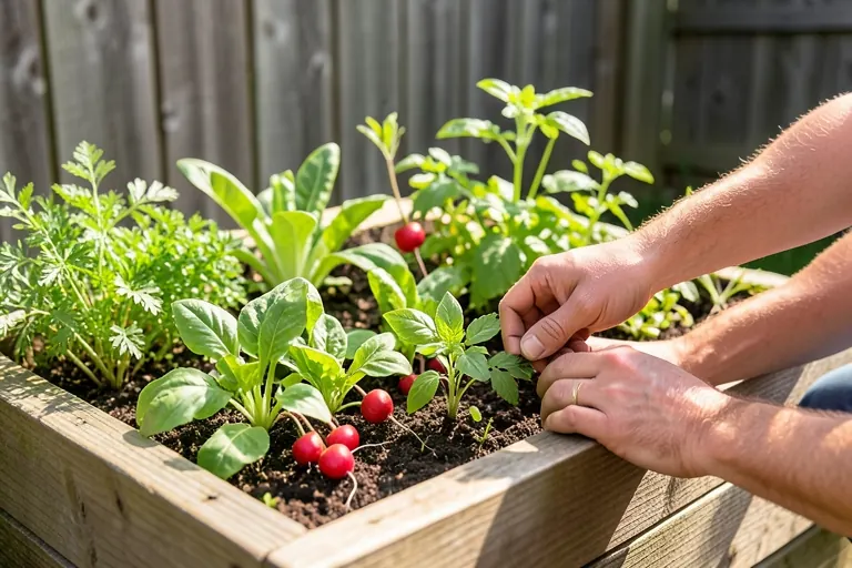 Gardener thinning seedlings in a compact salad garden