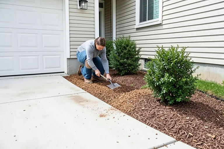 Homeowner converting a narrow lawn strip into a mulched bed