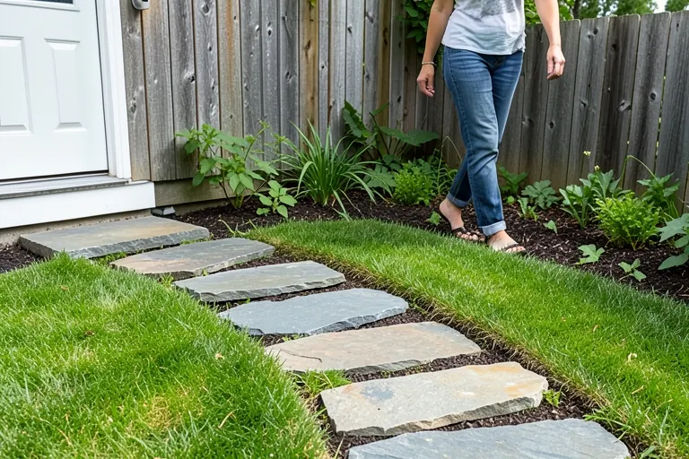 Homeowner testing the spacing of a garden stepping-stone path
