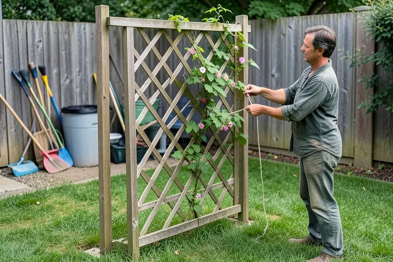 Gardener training a young vine onto a freestanding trellis