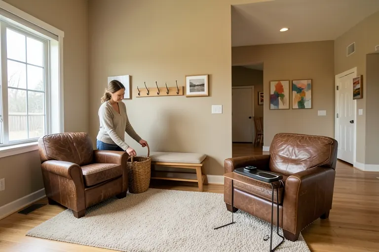 Living room arranged around everyday storage and charging needs