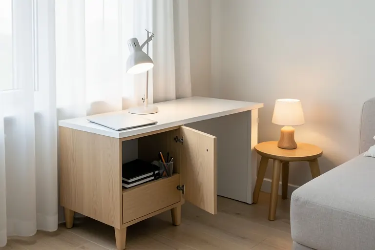 Guest room office with work supplies concealed in a cabinet