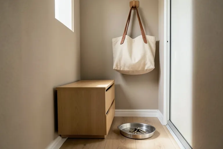 Narrow entry organized with hooks and shallow storage