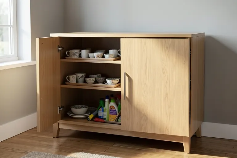 Cabinet combining edited display shelves and closed storage