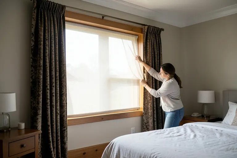 Layered bedroom window treatments tested for daylight privacy